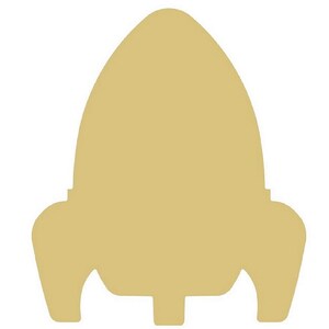 May include: A light tan wooden rocket ship cutout. The rocket has a rounded top, a cylindrical body, and three fins at the bottom. The cutout is smooth and ready for painting or decorating.