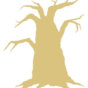 May include: A silhouette of a bare tree in a light brown color against a white background. The tree has a thick trunk, multiple branches, and exposed roots, creating a stark and minimalist design.