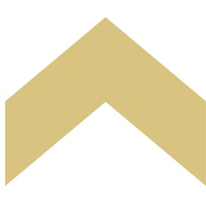 May include: A gold-colored chevron shape against a white background. The chevron points upwards, with a sharp angle at the top and a wide base. The design is simple and geometric.