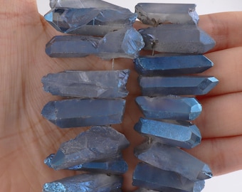 Titanium Quartz Cluster Point Beads, Electroplating Blue Crystal Quartz Beads,Graduated Quartz Stick Points Strand,Loose Beads -NS119