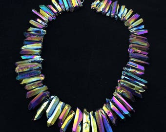 Full Strand Rainbow Titanium Quartz Stick Points,Raw Quartz Points, Quartz Crystals Points Strand Beads, Raw Quartz Crystal Points- -N111
