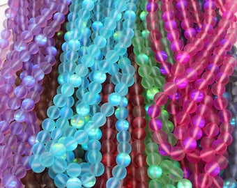 6mm 8mm 10mm 12mm Matte Rainbow Synthetic Moonstone Round Beads, Mystic Smooth Glass Beads, Mermaid Stone Beads, DIY Jewelry Making---15.5''