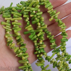 Könnte beinhalten: Eine Strähne grüner Korallenperlen, jede Perle hat eine lange, dünne, unregelmäßige Form. Die Perlen sind auf einem durchsichtigen Faden aufgefädelt und in einem lockeren, fließenden Muster angeordnet.