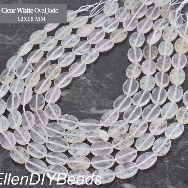 12x18mm Clear White Oval Jade, Smooth Flat Beads, One Full Strand, Transparent Color Stones, Veined Beads, Wholesale Loose Beads----STN00332