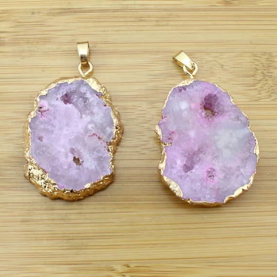 Druzy Agate Geode Pendant, Electroplated Golden Edge, Raw Pink Purple Druzy  Quartz Crystal Charms, Jewelry Making, Pendant Supplies----TR211