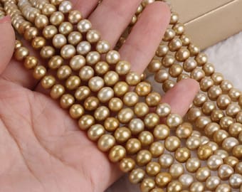 6-7mm High quality Pretty Champagne Color Pearl Beads, Near Round Shape Freshwater Pearl Beads, Wholesale Pearls, Wedding Gifts--15-16inches