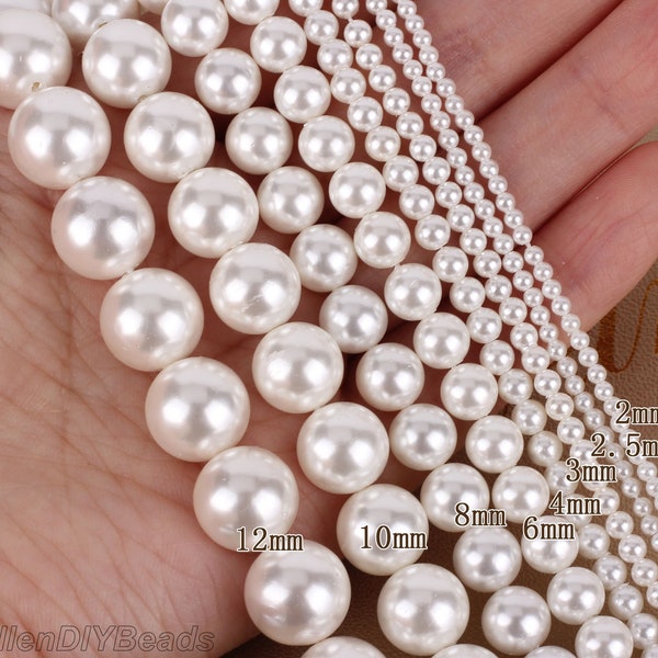 White Round Shell Pearl Beads,High Luster Loose Shell Pearl Beads,Pearl Jewelry,2mm,2.5mm, 3m, 4mm,6mm,8mm, 10mm,12mm -16 inches-SH001
