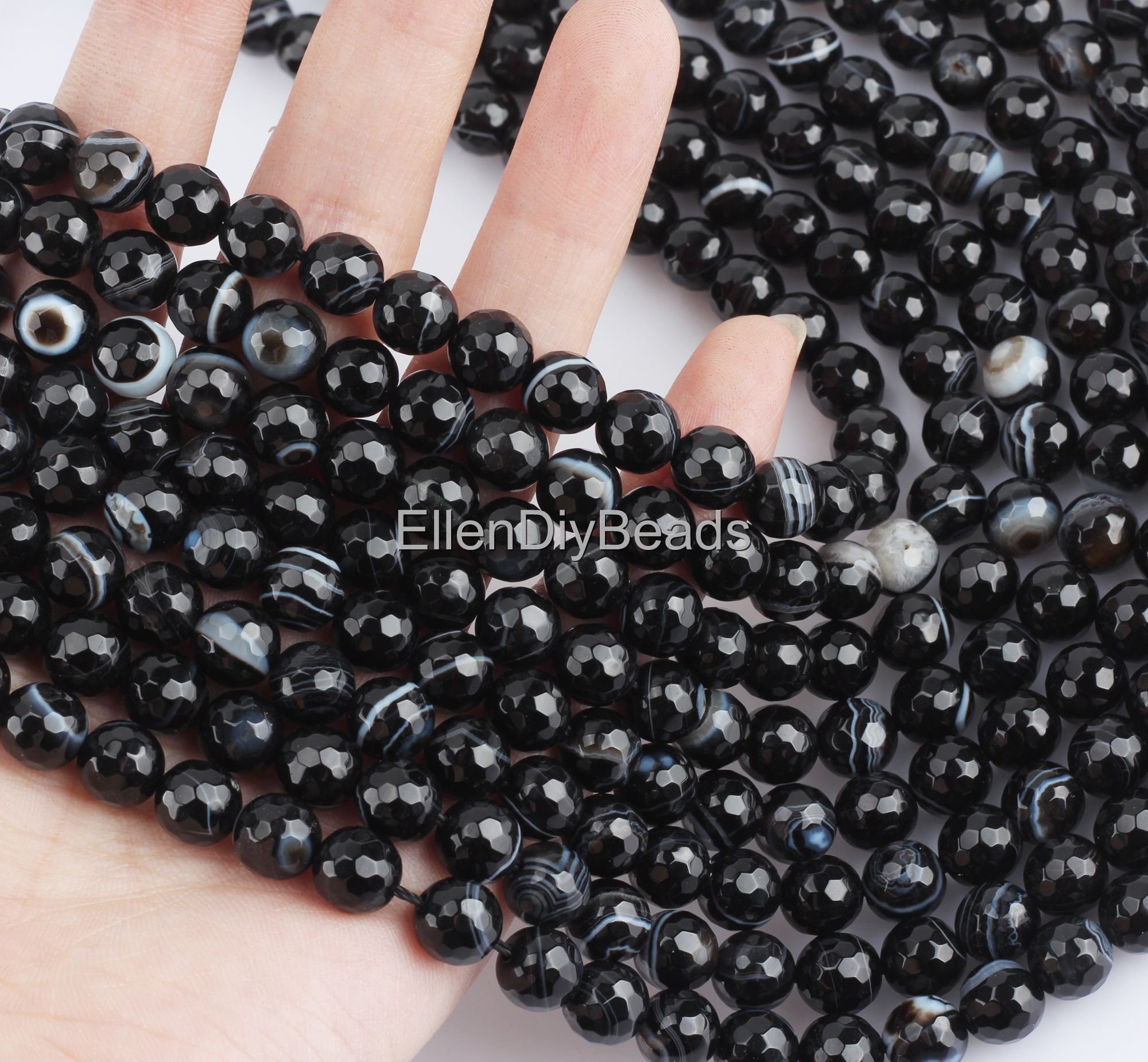 8mm ブラックファセットストライプアゲート、滑らかなルースアゲート