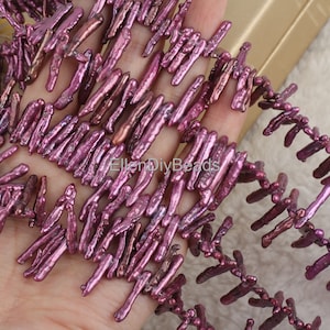 3-4x15-20mm Good luster Purple Biwa Pearl, Baroque Stick Pearls, Long Top Drilled Stick Pearls,Genuine Cultured Pearls--15-16inches--ZS008-1