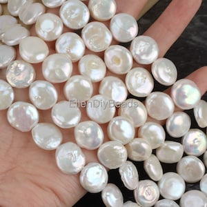 14x15mm Loose Natural White Coin Pearls, Flat Natural Freshwater Cultured Pearls, High Luster Round Pearl, Pearl Jewelry-15.5inches-NK001-12