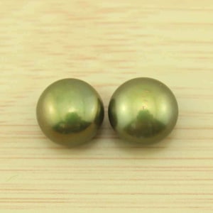 11-12 mm 1 pair-Deep Green Freshwater Cultured Pearl Beads,Button Pearls, Loose  Round Pearl Beads, Half Drilled Button Pearl-JB056
