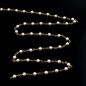 4mm Beads, High Luster 10 Feet/Lot Glass Pearl Smooth Round Beaded Chains,Rosary Style Plated Gold Wire Wrapped,Jewelry Making Finding-CN014