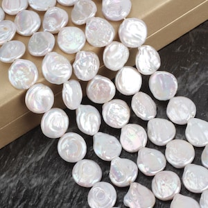 16-17mm Large Coin Pearl Beads, White Freshwater Cultured Pearls, Big Flat Nearly Round Pearls, DIY Wedding Jewelry, Pearl Supplies-15inches