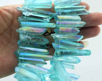 6-8x30-45mm Sky Blue Titanium Quartz Beads, Raw Rough Quartz Crystal Points,Gemstone Pendant,Healing crystal Beads - Full strand NS123