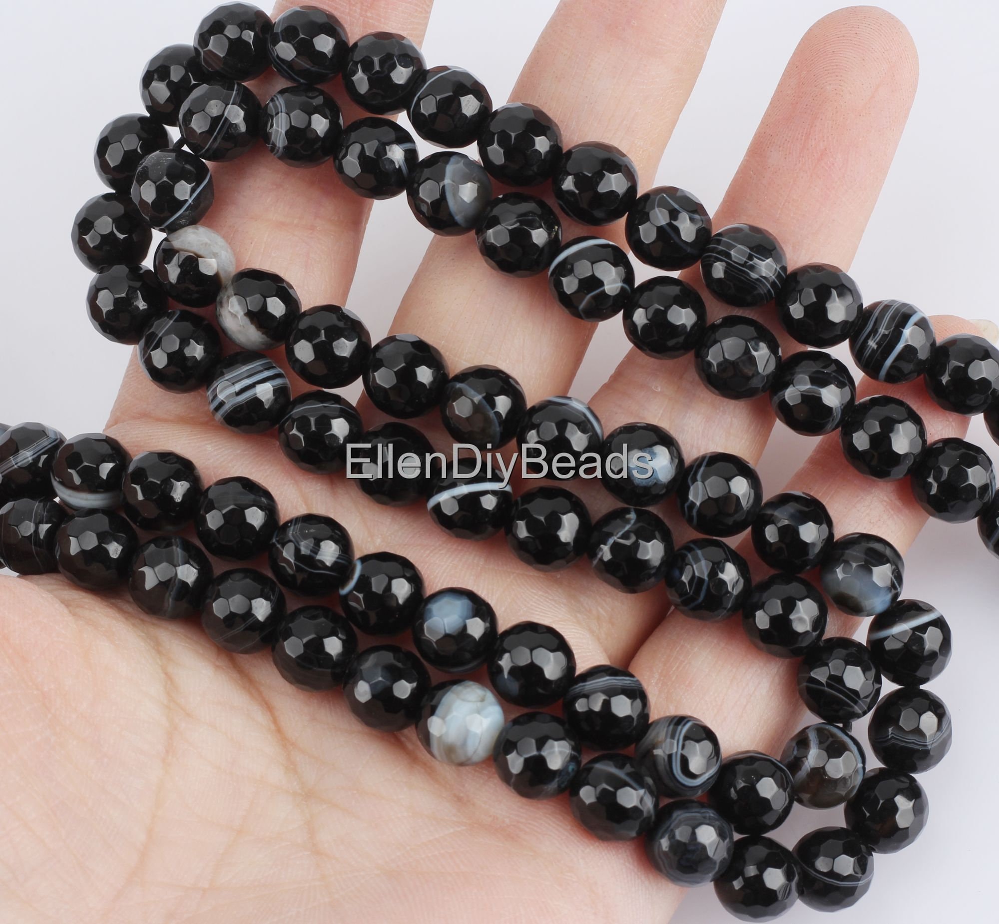 8mm ブラックファセットストライプアゲート、滑らかなルースアゲート