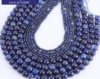 Faceted Lapis Lazuli Beads, Dark Blue Round Lapis lazuli Gemstone, Semi Precious Stone Bead Strands 4mm,6mm,8mm,10mm,12mm--15 inches--QM0017