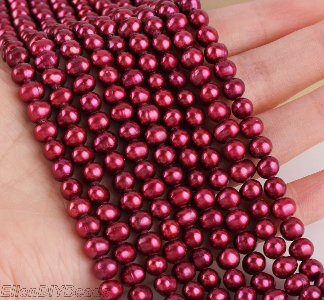 6-7mm Full Strand Wine Red Freshwater Pearls, Nearly Round Loose