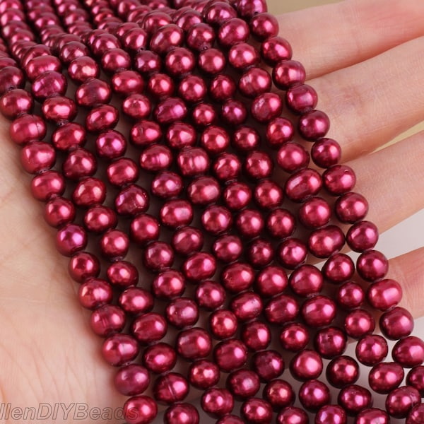 6-7mm Full Strand Wine Red Freshwater Pearls Beads, Nearly Round Loose Pearl Beads, Dyed Pearl Strand, Pearl For Necklace-14inches--BHY004-5