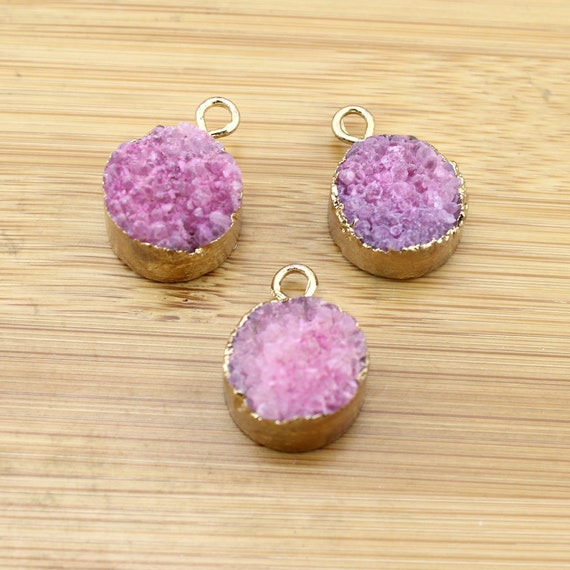 15mm High Quality Hot Pink Round Druzy Pendant Charms,Geode Druzy Stone  Pendant White Electroplated Gold Edge,Jewelry Making Supplies--TR151