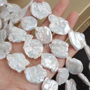 22-25mm Large White Coin Pearls, Big size Pearls, Irregular Pearl, Loose Pearl Beads, Pearl Jewelry Supplies, One Full Strand--14Pcs---NK001