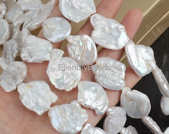 22-25mm Large White Coin Pearls, Big size Pearls, Irregular Pearl, Loose Pearl Beads, Pearl Jewelry Supplies, One Full Strand--14Pcs---NK001