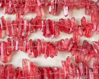 New-Red Quartz Crystals Points Strand,Titanium Quartz Top Drilled Stick Points,Loose Rough Quartz Gemstone Beads ,Bulk Crystals-NS255