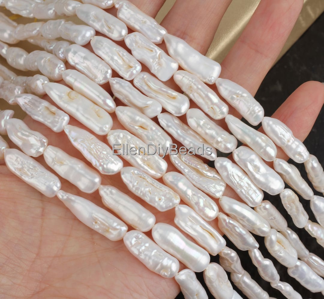 8-9x20-25mm Natural White Biwa Stick Freshwater Pearls, Full Strand