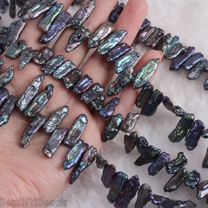6-7x15-17mm Peacock Black Stick Biwa Pearls,Nature Freshwater Stick Pearl Beads,Irregular Shape Long Pearls,Loose Biwa Stick Pearls--CHL0073