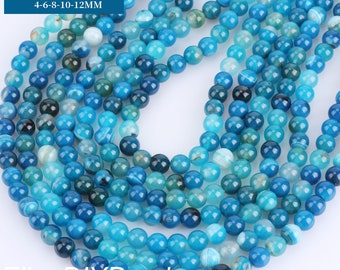 4/6/8/10/12mm Blue Striped Agate Beads, Round Smooth Gemstone Beads, Wholesale Loose Beads, DIY Jewelry Beads, Full Strand-15inches--STN0086