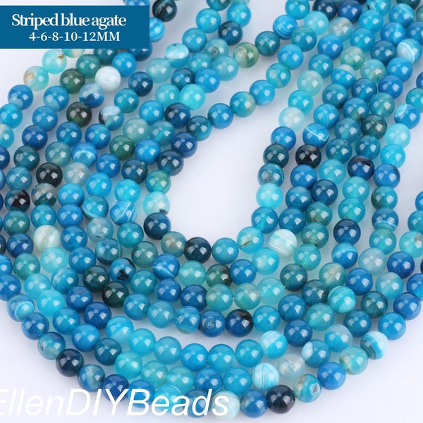 Perles d'agate rayées bleues 4/6/8/10/12 mm, perles rondes et lisses de pierres précieuses, perles en vrac en gros, perles de bijoux bricolage, brin complet-15 pouces--STN0086