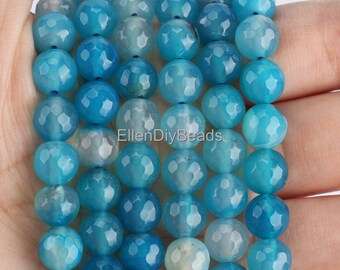 8mm Blue Faceted Stripe Agate, Light Color Agate, Jewelry Making, Bracelet Necklace Agate Supplies, Wholesale Loose Beads--15inches--QM0046