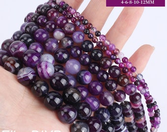 4-12mm Purple Striped Agate Beads, Wholesale Loose Round Agate Beads, Gemstone Beads, DIY Necklace & Bracelet, Full Strand-15inches--STN0089