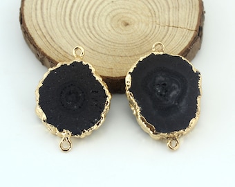 Conector de ágata drusa de alta calidad con borde dorado, conector de placa grande de cueva de cristal druso negro natural, dijes originales DIY - TR285