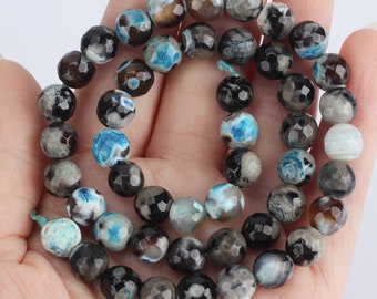 Faceted Black Blue Agate Beads: 4-12mm Round, 15 Inch Strand