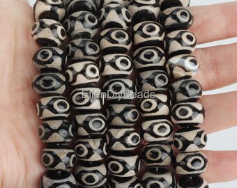 Unique Three Eyes Black Agate Beads,10x14mm Black White Abacus Beads,Smooth Agate Stone,Wholesale Loose Beads,Full Strand--SP001-1