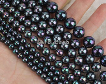 6/8/10/12mm Dazzling Colorful Peacock Black Shell Beads, Good Luster Round Shell Beads, For Neckalce Making,Beading Supplies-15inches-SH0015