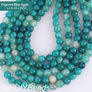 4/6/8/10/12mm Popcorn Blue Agate Beads, Cracked Style Smooth Agate Beads, Round Gradient Color Agate Beads, DIY Necklace--15inches---STN0090