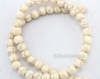 6/8mm White Round Turquoise Beads, White Howlite Turquoise Beads, Cracked Style Beads,Loose Gemstone Beads,Jewelry Making,Full Strand--BT040