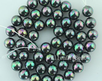 8mm Round Shell s, Dazzling Black Shell Pearls, Full Strand, DIY Jewelry, Bright Color Loose Pearls, Wholesale Beading Supplies---BP034