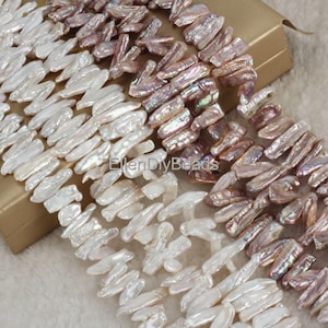 Beautiful White/Purple Biwa Stick Pearls, Loose Biwa Pearl Beads,Natural Genuine  Freshwater Pearls,Handmade Jewelry-15inches