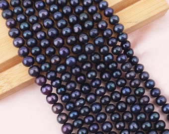 AAAA7-8mm Peacock Black Round Pearl Beads,Loose Freshwater Cultured Pearl Beads,Pearl Beads For Necklace Jewelry--BHY006-15