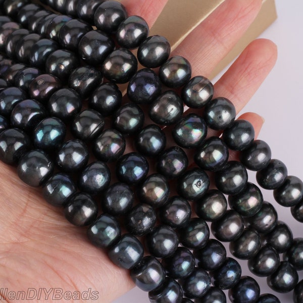 AA 12-13mm Peacock Black Flat Round Pearl Beads,Loose Freshwater Cultured Pearl Beads,Pearl Beads For Necklace Jewelry-Approx 36pcs-16inches