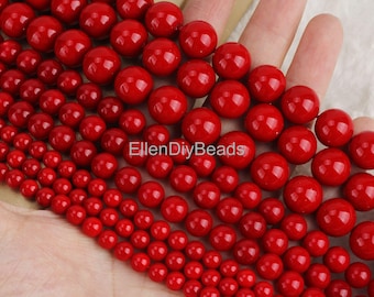 Hilo de cuentas de concha redondas rojas, 4 mm - 12 mm, para bricolaje, fabricación de joyas, venta al por mayor - SH0014