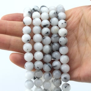 8mm White & Black Jade Beads: High Luster, Smooth Round Gemstone (47pcs, 15.5 inch)