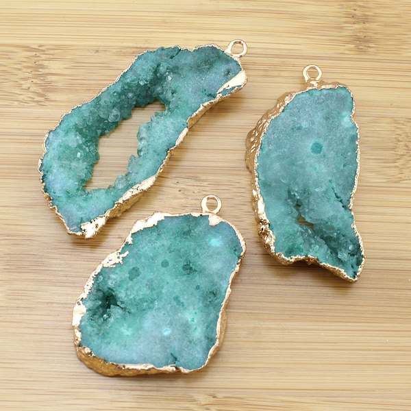 Green Druzy Agate Gemstone Pendant,Natural Druzy Agate Pendant,Slab Green Electroplated Golden Edge Geode Charms,DIY Jewelry Supplies--TR225