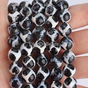 6-12mm Faceted Tibetan Agate Beads, Black White Spotted Dzi Bead Agate, Jewelry Making, Wholesale Beads, Beading Supplies--15inches--QM0045