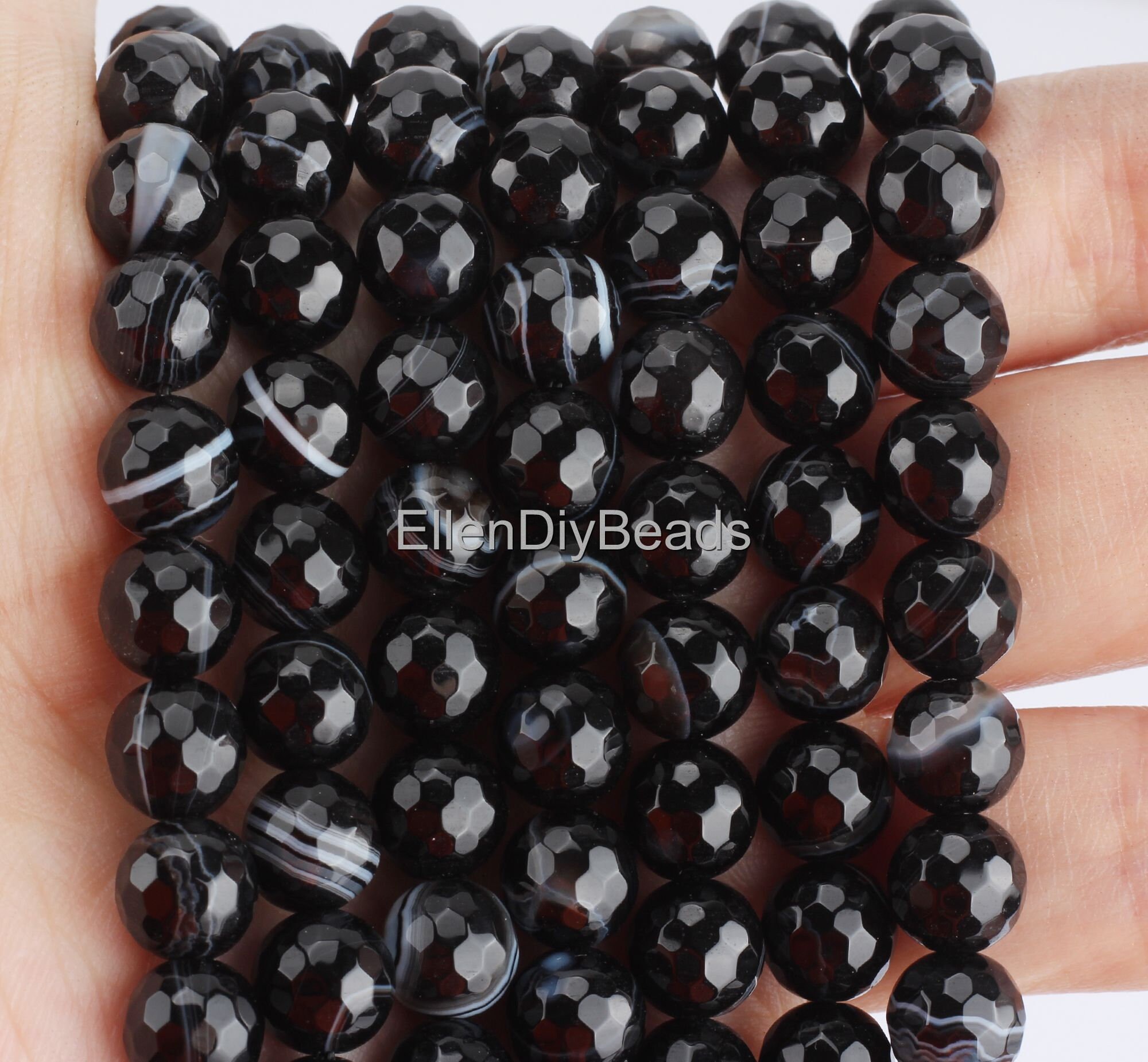 アゲートスライス(Black color)45枚セット 8mm ブラックファセットストライプアゲート、滑らかなルースアゲート