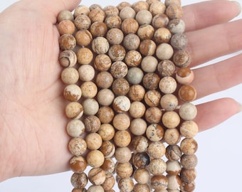 4/6/8/10/12mm Chinese Painting Stone, Yellow Brown Round Picture Stone, Round Gemstone Beads For Necklace, Full Strand---15 inches---STN0011