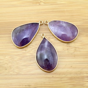 1pcs -25x40mm Tear Drop Bezel Purple Amethyst Charm,Amethyst  Pendant with Golden Plated Edges,Gemstone Pendant--TR-037