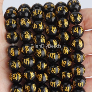 Cuentas de mantra de seis caracteres, cuentas de color negro, cuentas de Om Mani Padme Hum, joyería hecha a mano, joyería de bricolaje, suministros de cuentas--15 pulgadas--STN00221